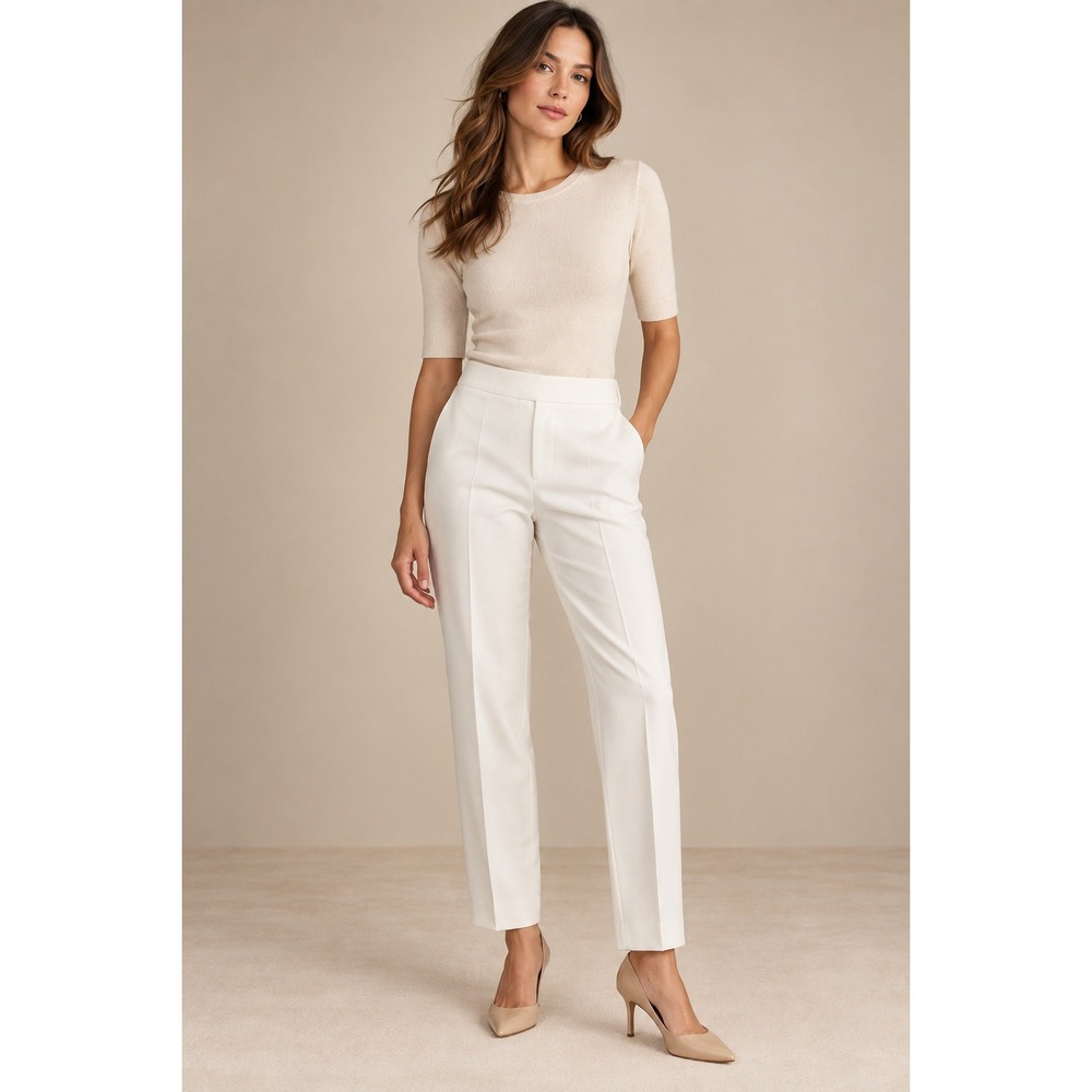 St. John Emma Cream Cotton Blend Straight Leg Side Zip Ankle Pants Womens 12